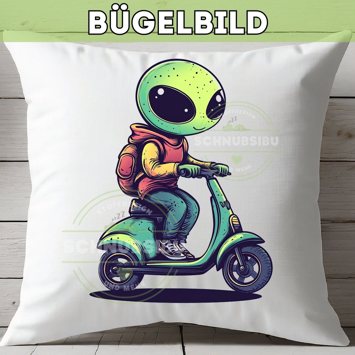 Bügelbild Alien auf Motorroller